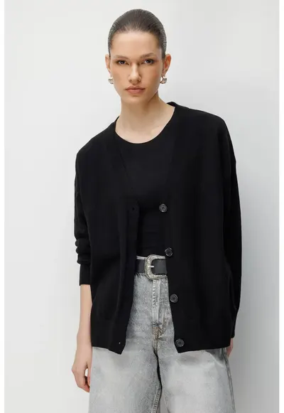 Cardigan lung tricotat negru - 100% poliester - cu decolteu in V - cu nasturi - One Size