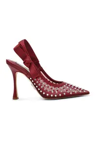 Pantofi slingback cu toc si aplicatii de strasuri - Rosu inchis/Argintiu