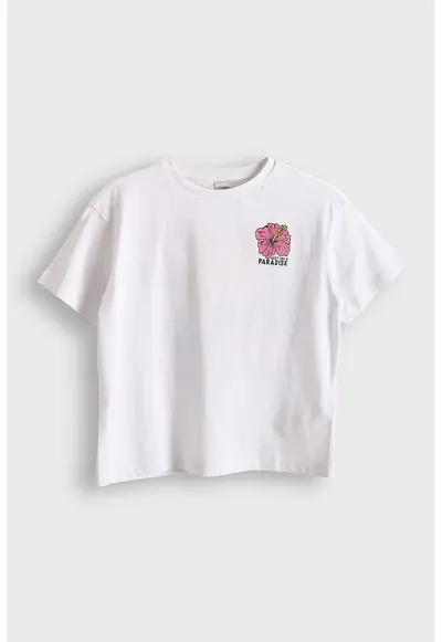 Tricou cu decolteu la baza gatului si imprimeu pe piept - Alb optic