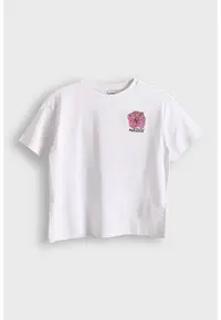 Tricou cu decolteu la baza gatului si imprimeu pe piept - Alb optic
