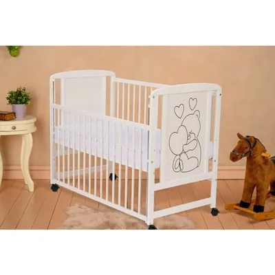 Patut din lemn, 120x60 cm, Cu laterala culisanta, Din lemn de pin si mdf, Stabil si rezistent, Inaltime saltea reglabila pe 3 nivele, Laterala cu 3 bete detasabile, EN716-1, EN716-2, Alb, Qmini, Timmi Heart + Saltea 12 cm