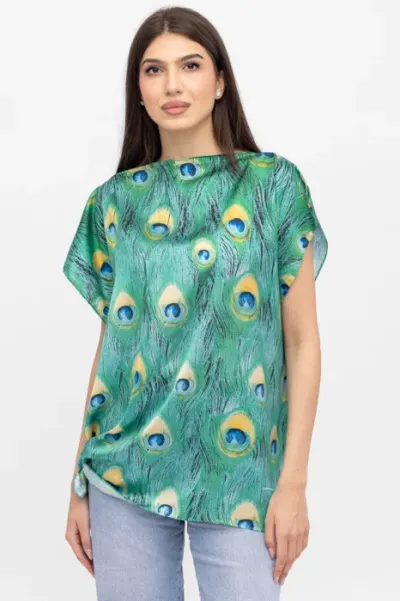 Bluza de vara tip poncho din matase cu imprimeu coada de paun
