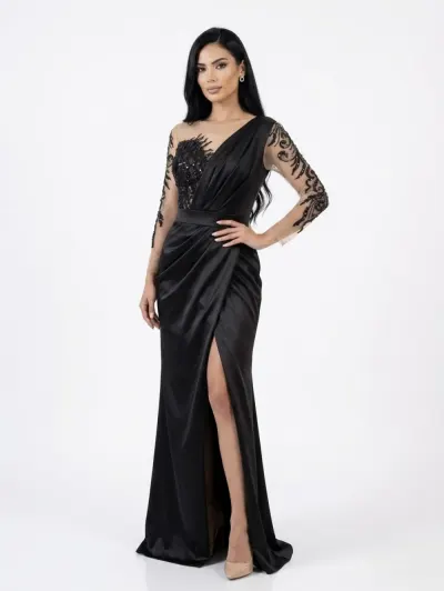 Rochie lunga din tafta cu slit pe picior si broderie pretioasa