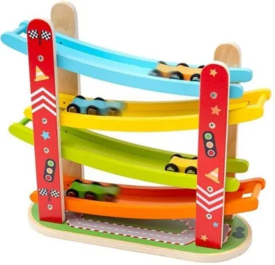 Pista de curse din lemn Bigjigs - Cu 4 masinute