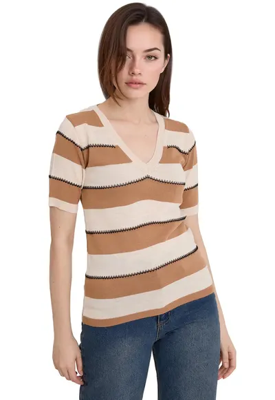 Tricou dama - HiCCUP - Tricot - Bej - Decolteu in V