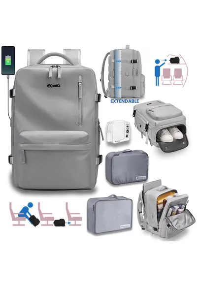 Rucsac voiaj + 2 x husa haine + trusa calatorie - bagaj mana extensibil - Gri