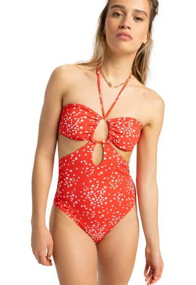 Costum de baie intreg cu model floral si decupaje - Alb/Rosu vermillion