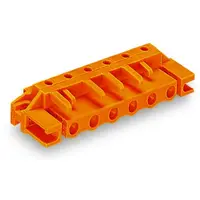 THT female header; 0.6 x 1.0 mm solder pin; angled; Spacer flange; Pin spacing 7.62 mm; 5-pole; orange