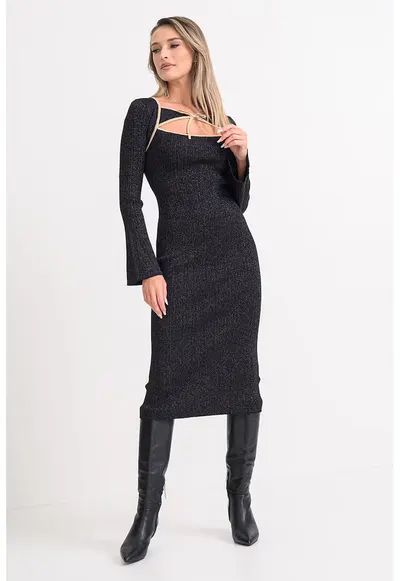 Rochie midi cu aspect stralucitor - Negru/Argintiu