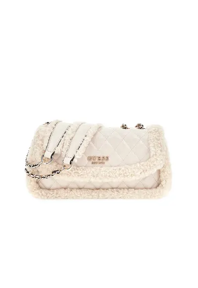 Geanta crossbody matlasata cu garnituri din blana sintetica - Crem
