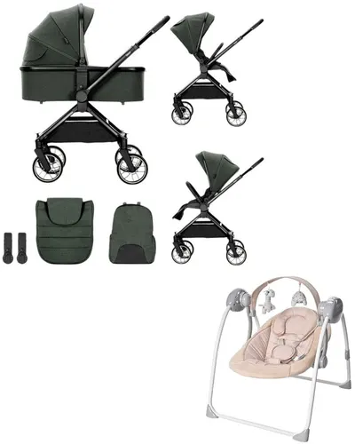 Cărucior pentru bebeluși 2 în 1 Lorelli Premium - Reya, verde + leagăn - Portofino, Beige Dots