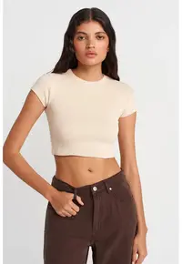 Tricou pentru femei - slim fit - bej natural - bumbac cu elastan