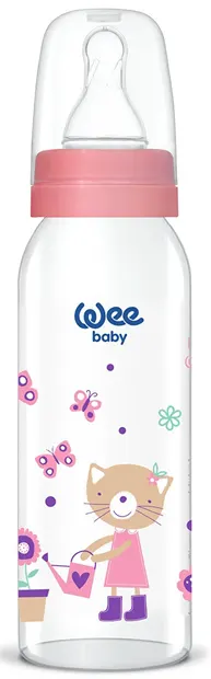 Sticluță de sticlă Wee Baby Classic, 250 ml, roz cu pisicuță