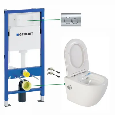 Set vas wc suspendat cu functie bideu si baterie crom Foglia Oslo, rezervor incastrat si clapeta crom lucios, Geberit Delta