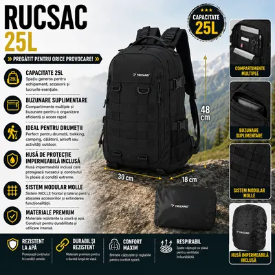 Rucsac De Drumetie 25L, Sistem MOLLE, Husa Impermeabila Inclusa
