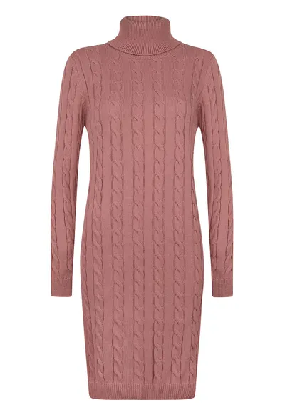 Rochie-pulover cu model torsade - Roz prafuit