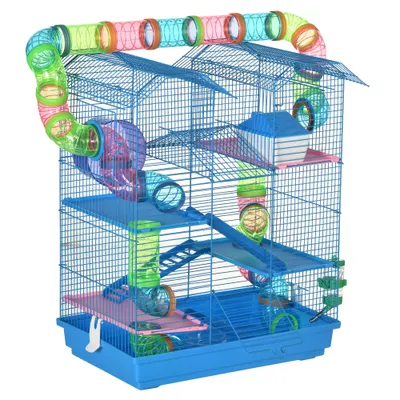 PawHut Cușcă pentru Hamsteri cu 5 Etaje, Roți, Tub, Sticlă de Apă, Farfurii, Scară, Casă, 47x30x59 cm, Albastru | Aosom Romania