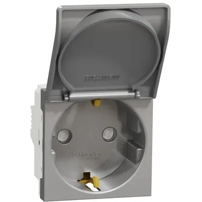 Priza 2P+E 16A cu capac si obturatoare Schneider Noua Unica NU303730TA, aluminiu