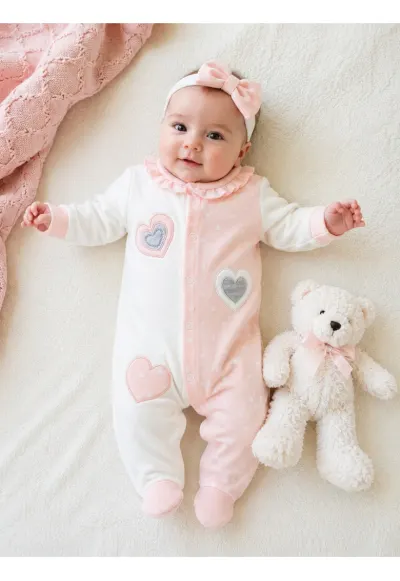 Salopeta bebe fetita roz alb cu bentita si inimioare din bumbac premium