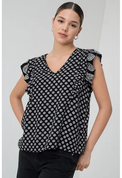 Bluza cu model floral si decolteu in V - Alb/Negru