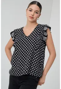 Bluza cu model floral si decolteu in V - Alb/Negru