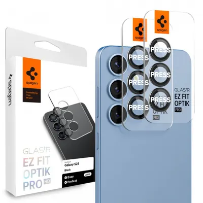 Folie de protectie Camera Spate Spigen GlastR EZ FIT Optik Pro HD pentru Samsung Galaxy S25 S931, Sticla Securizata, Set 2 bucati, Neagra AGL09092