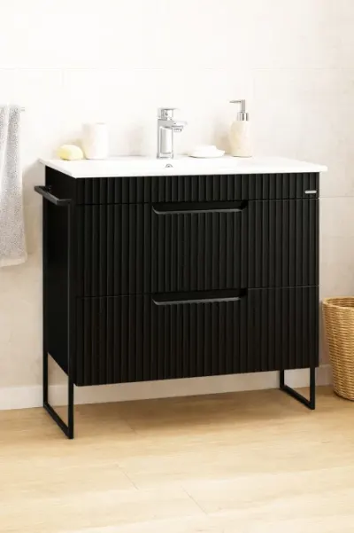 Set Baza front MDF si Lavoar seria 033, cadru metalic, cu sertare, montata, 80 cm, negru