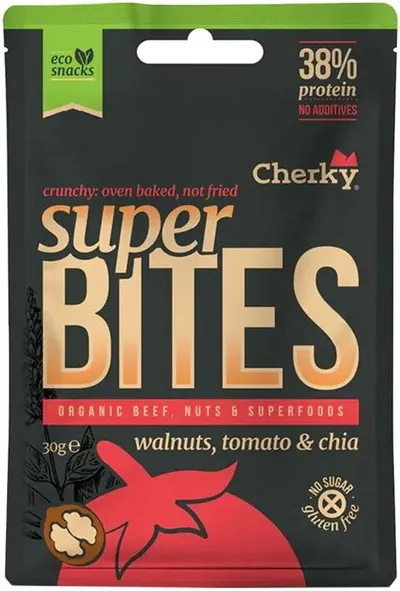 Bucăți de vită organică, nuci, roșii și chia, 30 g, Cherky