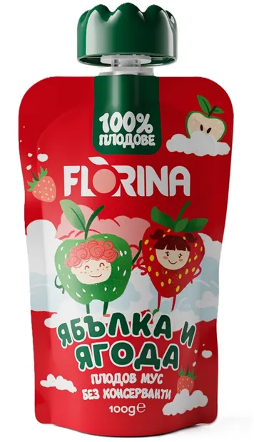 Mousse de fructe, măr și căpșuni, 100 g, Florina
