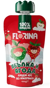 Mousse de fructe, măr și căpșuni, 100 g, Florina