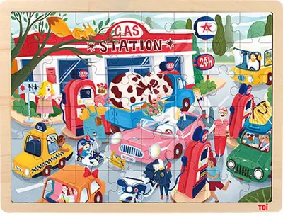 Puzzle din lemn pentru copii Toi World - Benzinarie, 48 piese