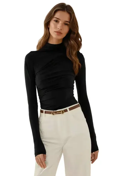 Bluza dama - guler inalt - detaliu drapat - negru - poliester