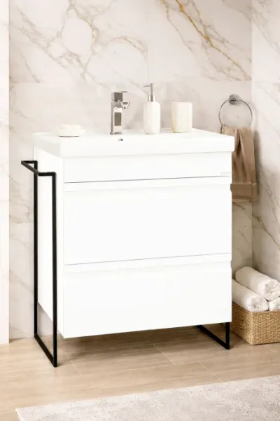 Set Baza front MDF si Lavoar seria 786, cadru metalic, cu sertare, 60 cm, alb