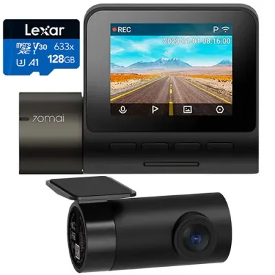 Camera auto DVR 70mai Midrive A200 1080p, 60 FPS, IPS 2.0inch, 130 FOV, HDR, Night Owl Vision, G-Sensor, WiFi + Camera spate RC11 1080p, 25 FPS, 130 FOV + Card MicroSD Lexar 128GB (Negru)