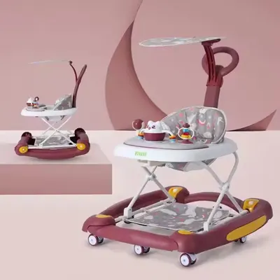 Premergator pentru bebelusi Little Mom, multifunctional cu maner parental, sistem de balansare, Muzica, roti silentioase, cu perna de sezut si copertina detasabila, dimensiune 54 x 17 x 86 cm, Red
