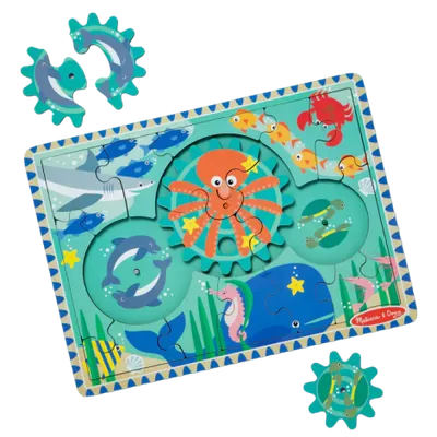 Puzzle educativ din lemn, cu rotite dintate, Oceanul, 8 piese, pentru copii 3 ani+, Melissa&Doug 31003