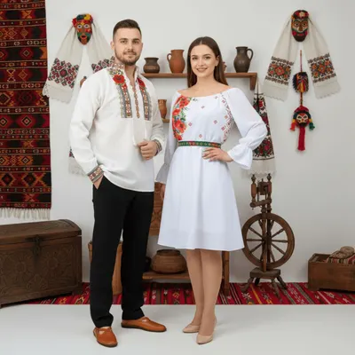Set Cuplu 571A Camasa Traditionala si Rochie Stilizata cu motive traditionale
