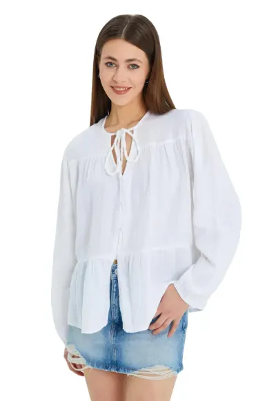 Camasi dama - bluza cu maneca lunga - croiala lejera - alb - textil