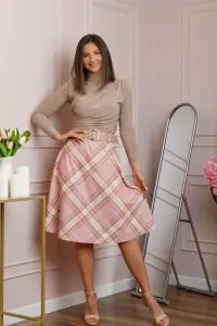 Fusta midi in carouri roz cu talie elastica si curea reglabila Monroe