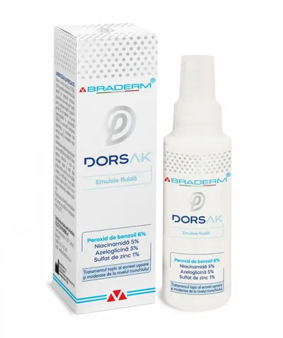 Spray cu emulsie fluida pentru acneea trunchiului Dorsak, Braderm | 100 ml