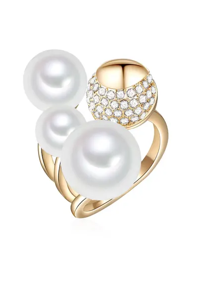 Inel placat cu aur de 14K si decorat cu cristale si perle sintetice 22557 - Auriu