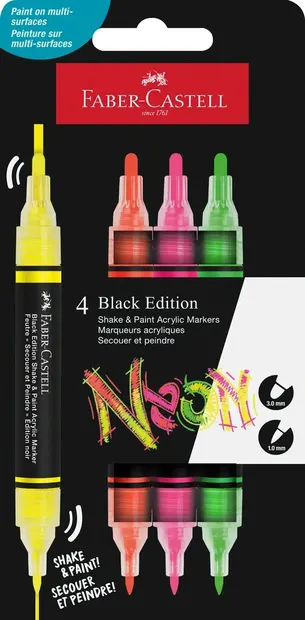 Markere acrilice 2 varfuri Shake&Paint, 4buc/set, culori neon, Faber-Castell