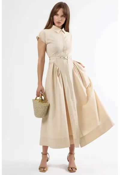 Rochie midi cu cordon - guler tip camasa - bej - bumbac si poliester