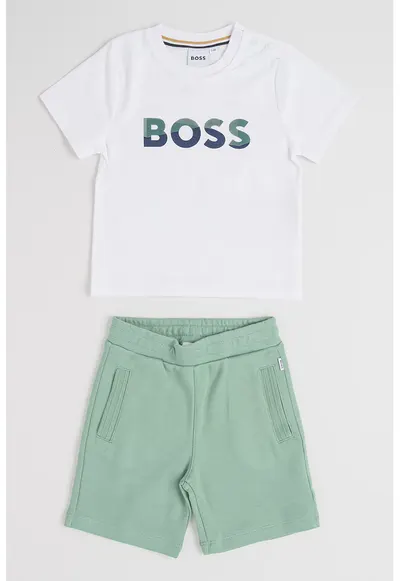 Set de bermude si tricou de bumbac - Verde pal/Alb optic
