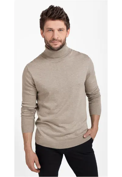 Pulover tricotat fin cu guler inalt - S-Max - Bej melange - Bej melange