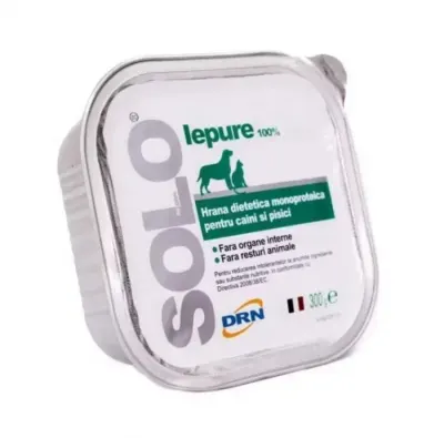 Hrana dietetica monoproteica pentru caini pisici Solo cu iepure 300 gr
