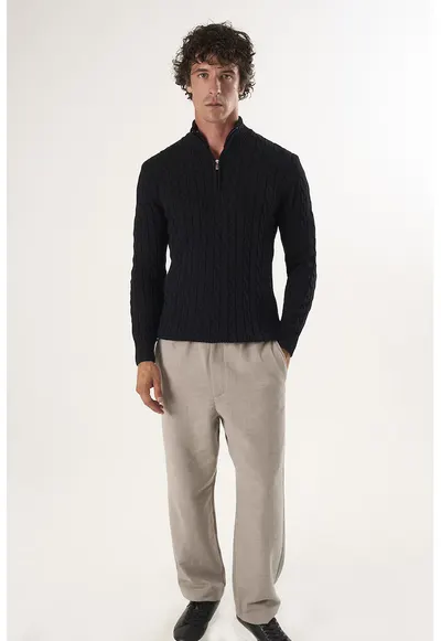 Pulover regular fit cu fenta cu fermoar - Negru