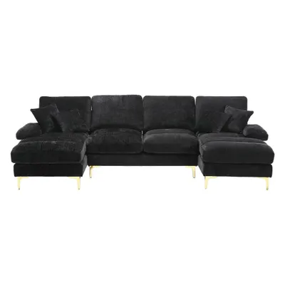 Canapea modulară mare, modernă, în formă de U, din chenille, cu dublu șezlong rabatabil, Negru