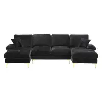 Canapea modulară mare, modernă, în formă de U, din chenille, cu dublu șezlong rabatabil, Negru