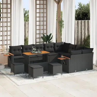 Set de canapea pentru gradina Gossi 12 piese cu perne negru ratan sintetic acacia, set de dining pentru gradina Gossi 3 piese cu perne negru ratan sintetic acacia
